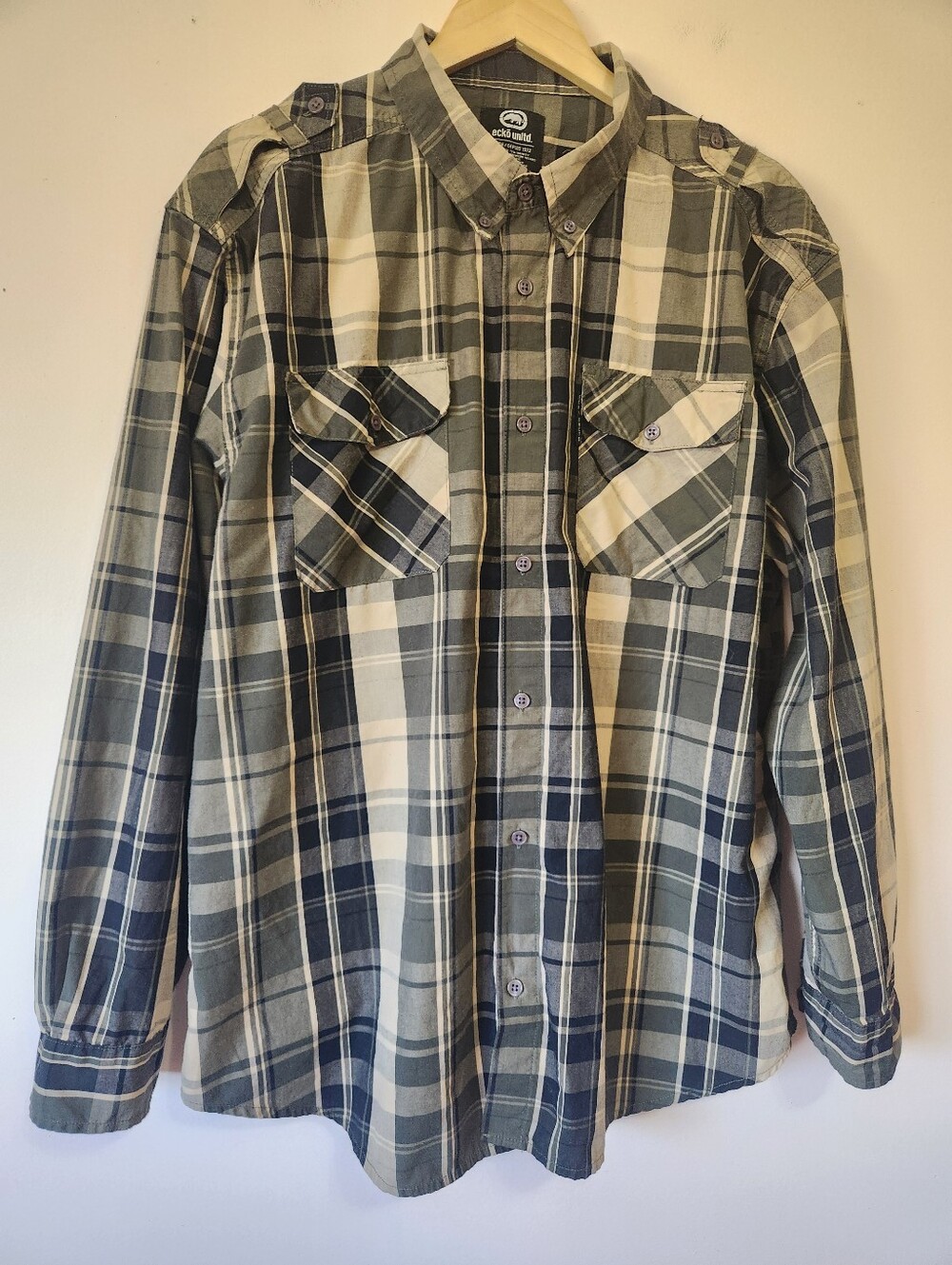 Ecko Unltd. Men's  Plaid Utility Flannel Shirt Epaulets Size 2XL EUC